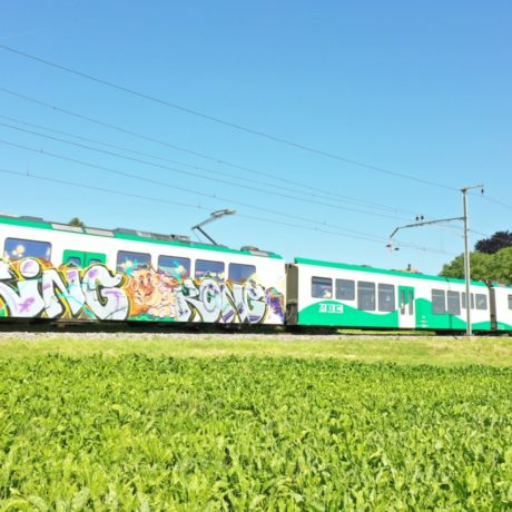 Une rame du BAM taguée entre deux services